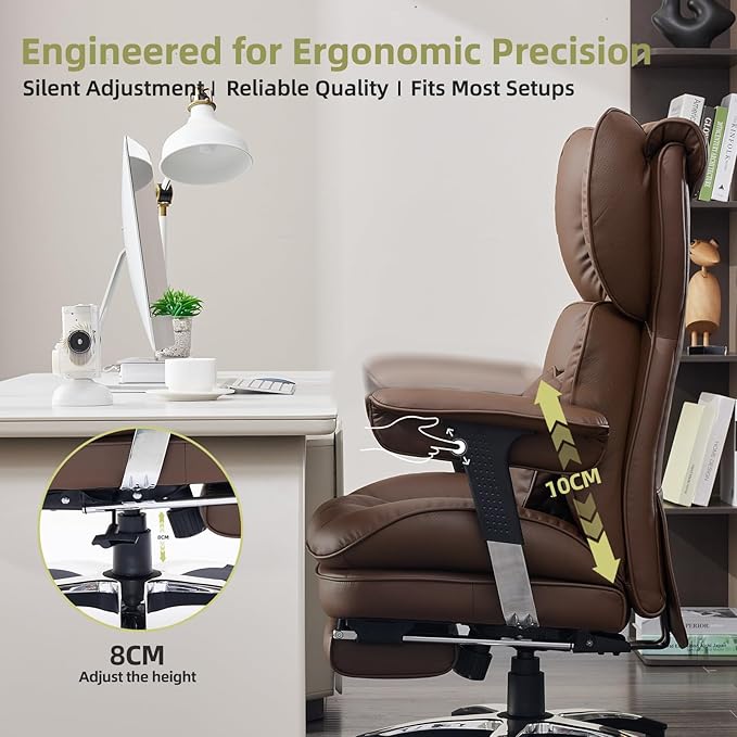 Efomao Desk Office Chair, X-Embroidery Big and Tall PU Leather Home Chair, Adjustable High Back Computer Gaming Chair, 200kg Swivel Executive Office Chair with Footrest and Lumbar Support, Brown