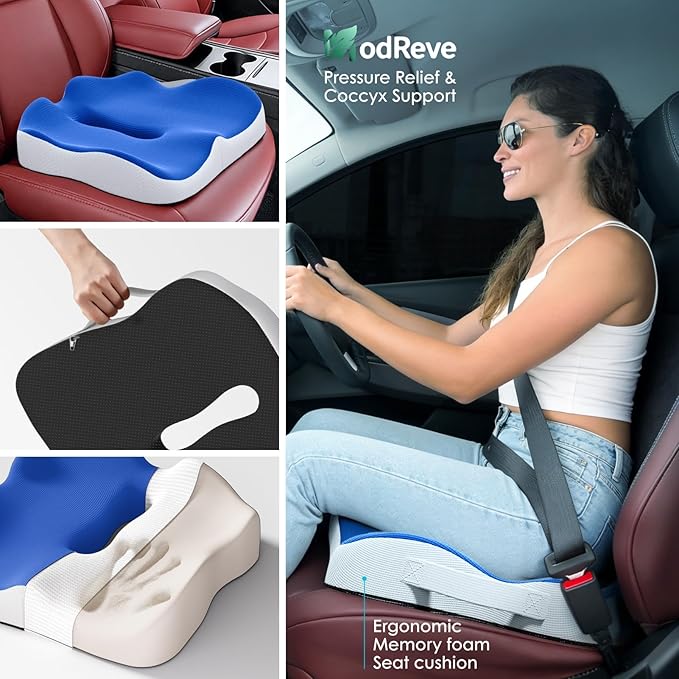 Car Seat Cushion, Extra Large Memory Foam Cushion with Adjustable Strap for Truck Drivers & Long Driving, Orthopedic Sciatica and Tailbone Pain Relief, Comfort Support for Travel Essentials