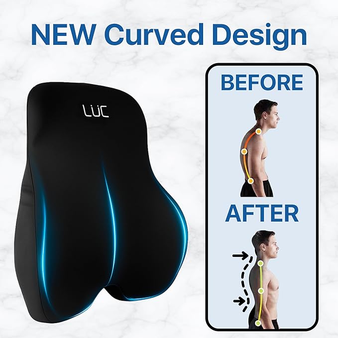 LÜC Lumbar Support Pillow for Office Chair & Car – Ergonomic Memory Foam Back Cushion for Lower Back Pain Relief – Adjustable Strap, Breathable Cover – Improves Posture & All-Day Comfort