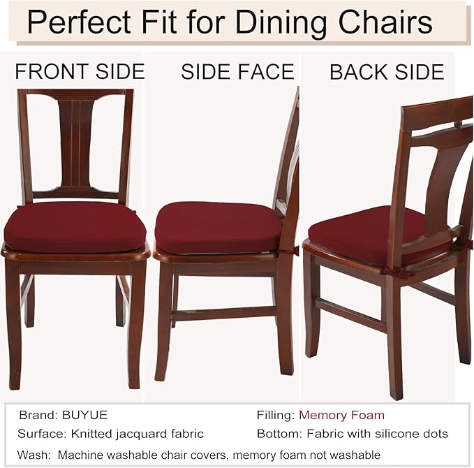BUYUE Luxury Memory Foam Chair Cushions 6 Pack, Jacquard 16" U-Shape Comfortable Dining Chair Pads, Removable Slip Resistant Kitchen Chair Seat Cushions (Set of 6, Burgundy)