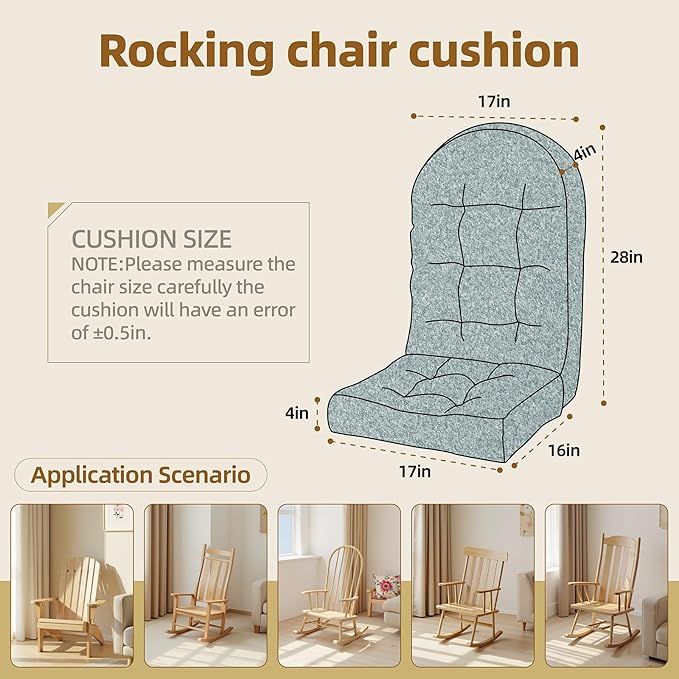 Rocking Chair Cushion - Lola Cotton-Linen Fabric, High-Density Sponge, Durable Comfort Non-Slip Bottom Tufted Seat Pads with Ties, Lola︱Grey-Blue, 44x19x4 inch