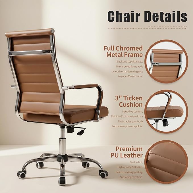 Okeysen Ergonomic Office Desk Chair, Ribbed Leather Modern Conference Room Chairs, Executive Adjustable Swivel Rolling Chair for Home & Office.