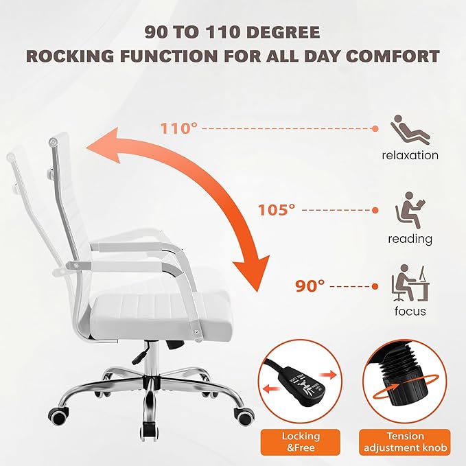 Furmax Ergonomic Office Desk Chair, Executive Ribbed Mid-Back PU Leather Conference Room Chair Adjustable Swivel Chair with Arms (4, White)