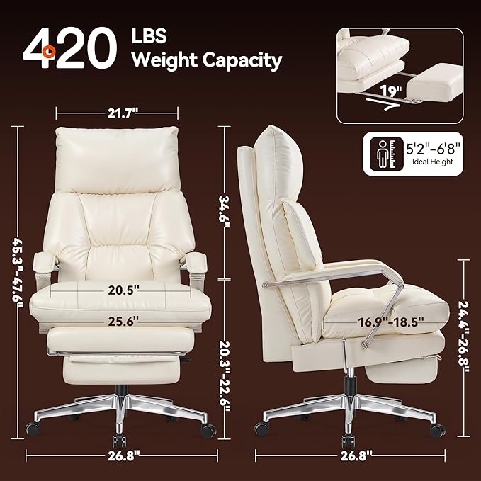OKUP M76 160° Reclining Executive Office Chair with Footrest, Adjustable Seat Depth, 10" Thick Cloud Cushion Desk Chair, 420lb Heavy Duty High Back Leather Desk Chair for Home Office, Cream