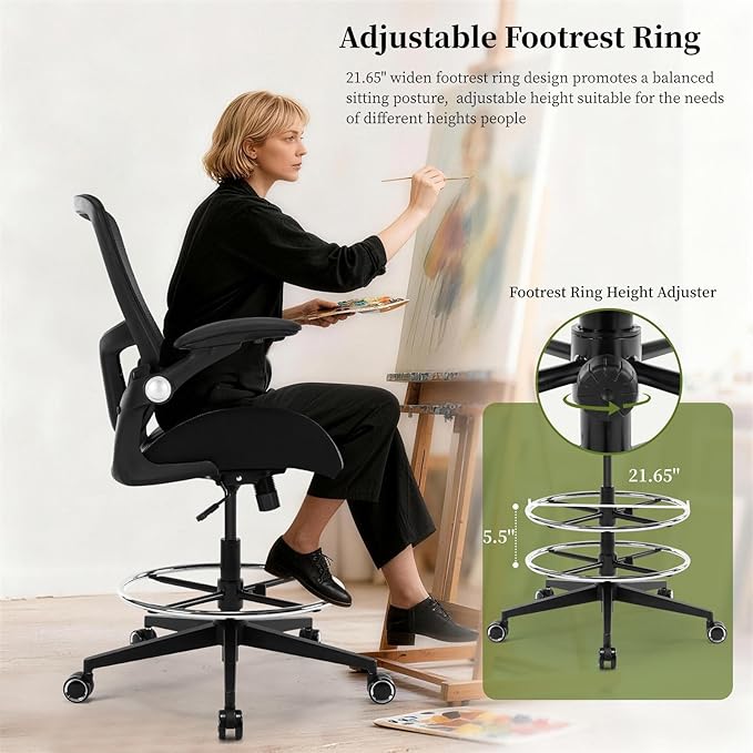 Drafting Chair, Tall Office Chair with PU Leather Seat, Standing Desk Chair Counter Height Office Chairs with 21.65'' Footrest Ring and Adjustable Lumbar Support Armrests Black