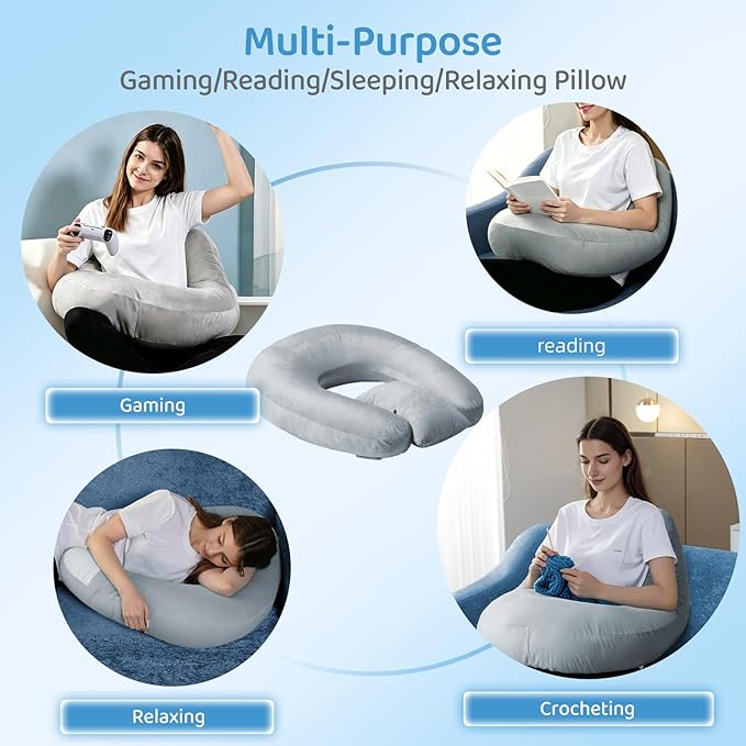Crochet Pillow for Lap Support - Reading Pillow for Laptop with Extra Back Pillow for Support, Enlarged Gaming Pillow for Lap, Multi-Purpose Reading Pillow for Gaming/Working/Crocheting, Grey