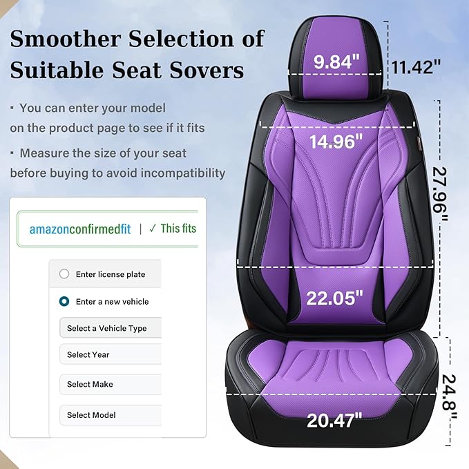 Coverado Car Seat Covers Full Set, 5 Piece Car Seat Protector with Lumbar Support & Removable Headrest, Breathable Leather Front Rear Seat Cushion Universal Fit for Truck Automotive Purple
