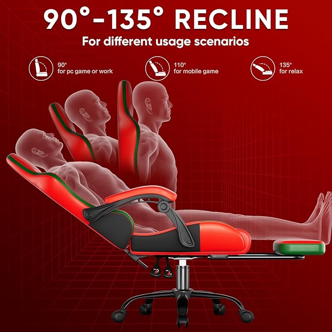 Czlolo Gaming Chair, Lumbar Support Massage Computer Chair, High Back Gamer Chair, with Footrest and Headrest, Lumbar Pillow, Recline, Wide Seat, Gaming Chairs for Christmas/Birthday Gifts, Red