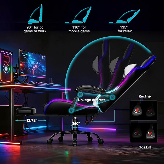 Czlolo Gaming Chair, 2026 Upgraded RGB LED Lights Computer Chair with Footrest, Lumbar Support Massager Gamer Chair, High Back, 90-135° Reclining, Linkage Armrests, White