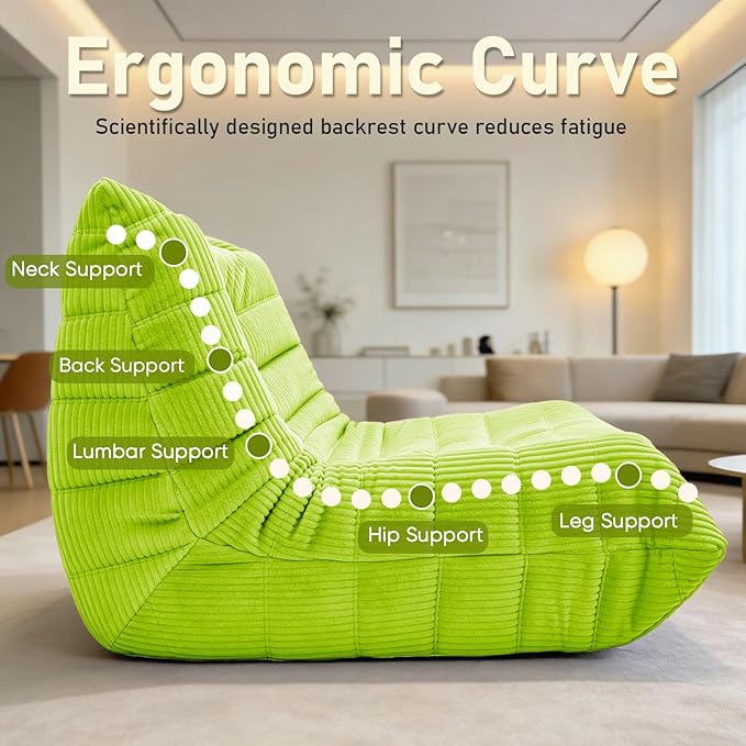 Trenda Bean Bag Chairs for Adults - Comfy High-Density Foam Fireside Chair, Adult Size, Soft Corduroy Cover Beanbag Couch, Versatile for Living Room, Bedroom, Dorm, Reading & Gaming (Neon Green)