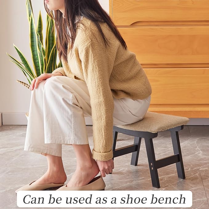 Kitsanery Foot Stool,Ottoman,Bamboo Small Sofa Foot Rest Under Desk,Extra Seating for Living Room, Bedroom and Kitchen (Black Stool Legs - Beige Surface)