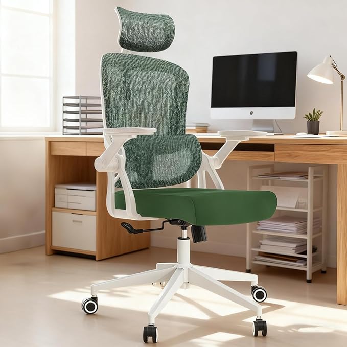 350 LBS Ergonomic Office Computer Mesh Chair - Adjustable Height Rolling Desk Chair with Flip-Up Armrests & High Back Support - Comfortable Swivel Task Chair for Home Office (01GREEN)