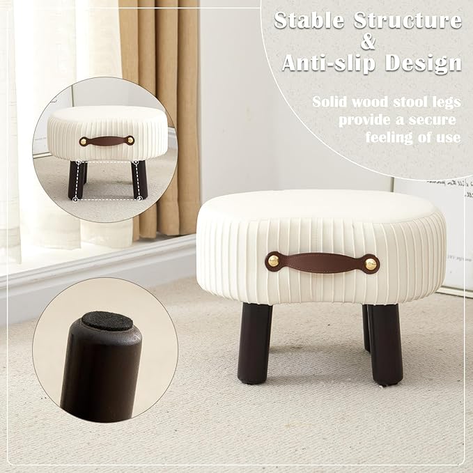 Small Footstool with Handle, Velvet Ottoman Foot Rest with Padded Seat, Curved Foot Stool with Wooden Legs, Portable Foot Rest for Living Room, Bedroom, Entryway, White