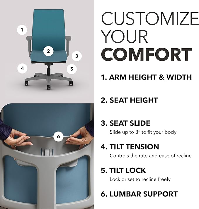 HON Ignition 2.0 Mid Back Task Chair, Spectrum Mesh, Advanced Synchro-Tilt Control, Office Chair with Lumbar Support, Height and Width Adjustable Arms, Titanium Frame, Sky