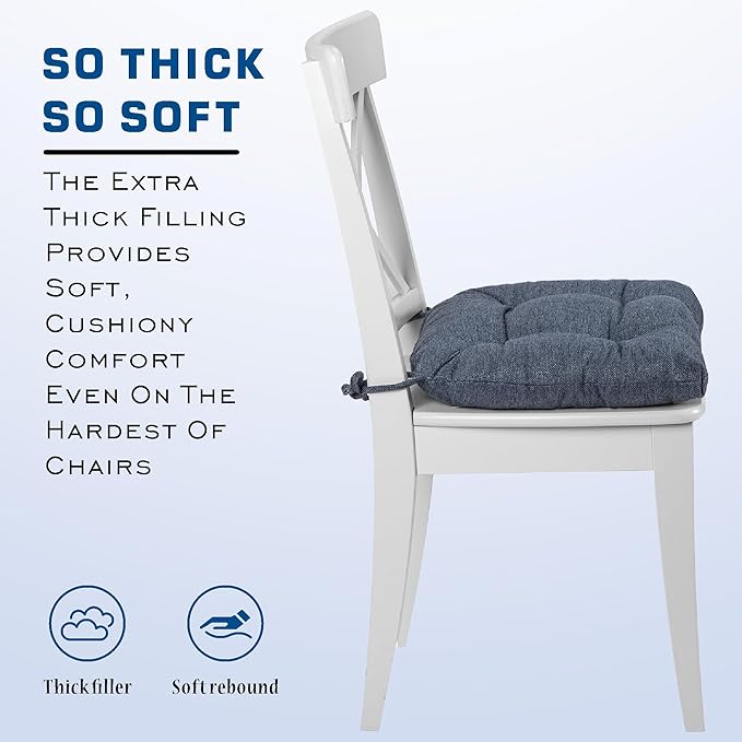 SQUARE MOON D-Shaped 3" Thick Chair Cushions, Chair Pads for Dining Chairs and Kitchen Chairs, Indoor Dining Room Seat Cushions with Ties, Machine Washable, 17" x 16" x 3", 4/Pack, Grayish Blue