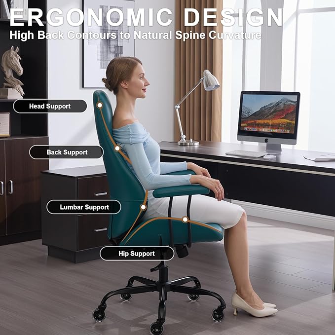 E-Motie Office Chair with Rubber Wheels, Ergonomic Computer Chair 500 lbs, Leather Desk Chair with Lumbar Support, Executive Chair Adjustable Height & Recline, Green