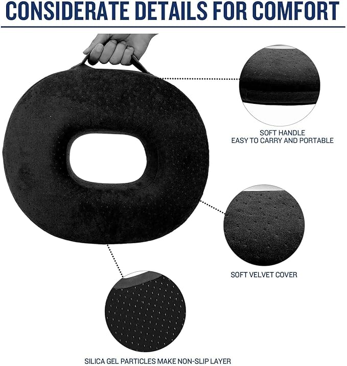 Donut Pillow Memory Foam Seat Cushion - Non-Slip Bottom,Portable Orthopedic Hemmoroid Pillow Cushion Support Pad for Tailbone Pain，Coccyx, Bed Sores, Post Natal, Sciatica (Black)