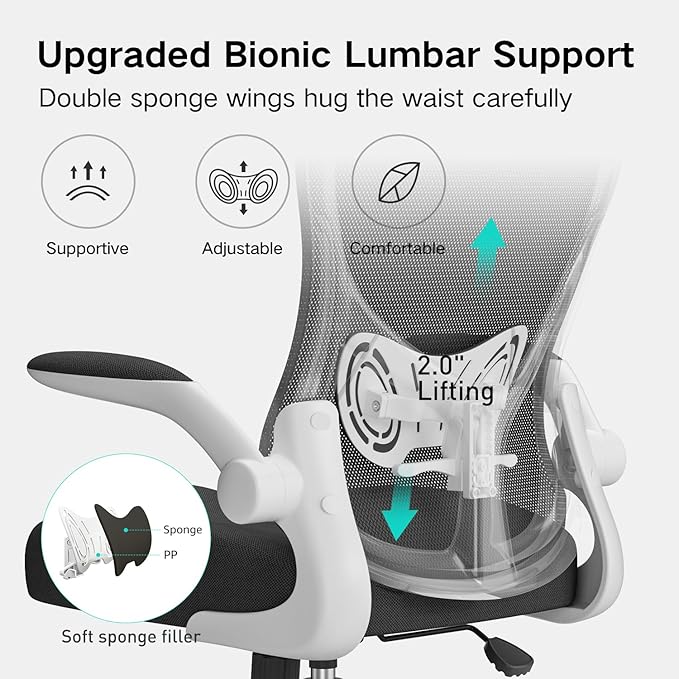 Hbada Office Chair Ergonomic Desk Chair, Office Desk Chairs with PU Silent Wheels, Breathable Mesh Computer Chair with Adjustable Lumbar Support, Flip-up Armrests, Tilt Function, White
