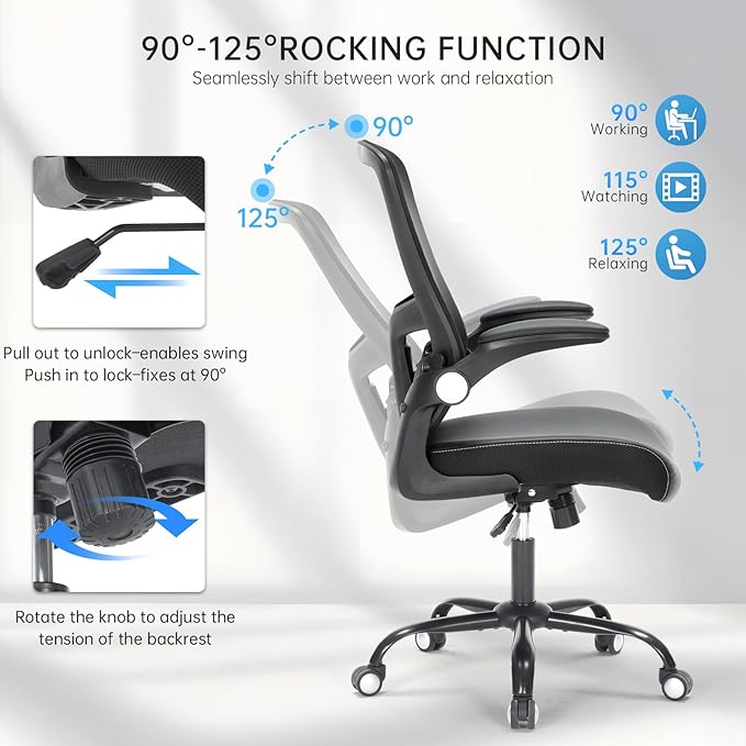 Office Chair, Ergonomic Desk Chair with Adjustable Lumbar Support Breathable Mesh Computer Swivel Chair with Flip up Armrests & PU Leather Cushion, Comfy Task Chair for Home Office, Black