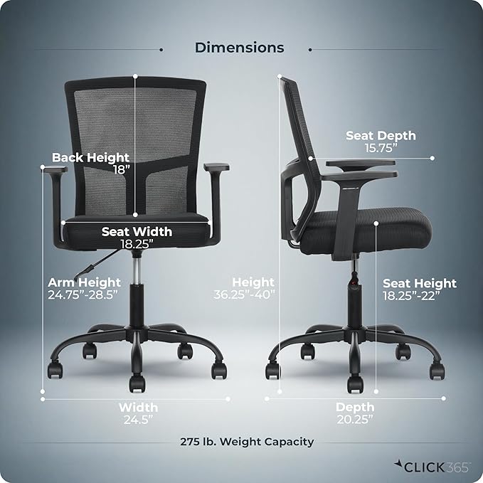 AeroCore M120 Ergonomic Mesh Office Chair, Breathable DeskChair with Lumbar Support, Cushioned Seat, Adjustable Height, Fixed Arms & Swivel, 275lbs Capacity, Black