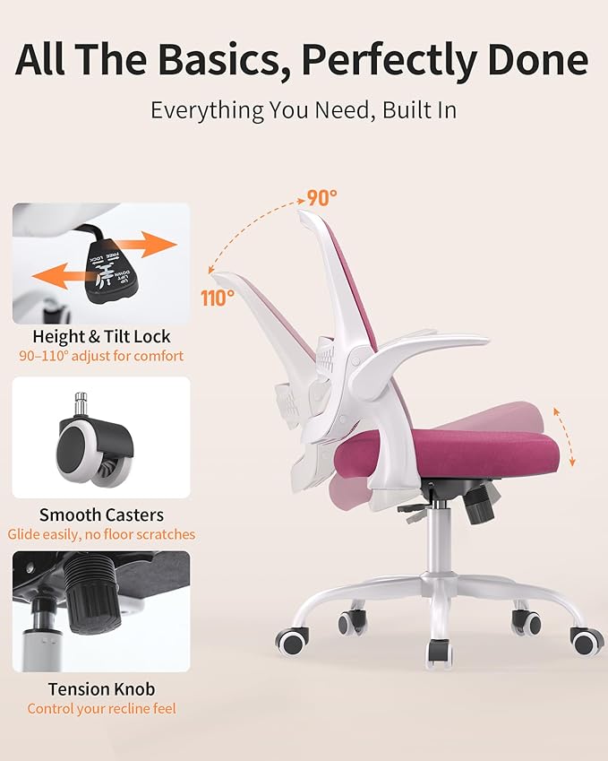 Ergonomic Mesh Office Chair with Flip-Up Arms, Adjustable Height, Breathable Mesh Back & Thick Cushion Seat, 360° Swivel Rolling Computer Desk Chair, BIFMA Certified, Supports 300 lbs (Pink)