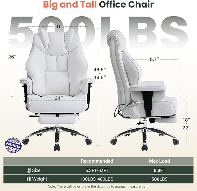 500lbs Big and Tall Office Chair Adjustable Lumbar Support, Extra Wide Seat Ergonomic Gaming Chair with Footrest, Heavy Duty High Back Executive Leather Computer Desk Chair (White)