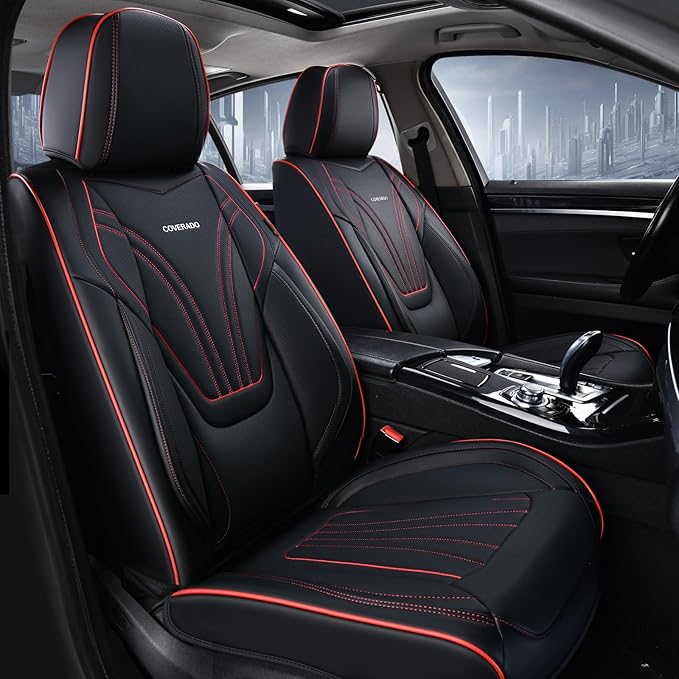 Coverado Car Seat Covers Front Seats, 2 Piece Car Seat Protector with Lumbar Support & Removable Headrest, Breathable Leather Seat Cushion Universal Fit for Truck Automotive Vehicles Black & Red