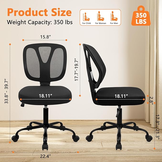 CLATINA Armless Home Office Chair, 360° Swivel Rolling Desk Chair with Lumbar Support and Wheels, Adjustable Height Mesh Back Small Ergonomic Computer Task Chair for Conference Waiting, Black