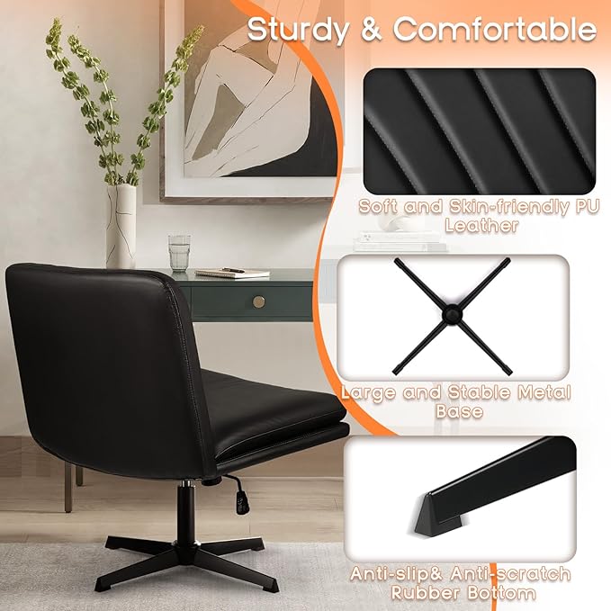 PUKAMI Criss Cross Chair,Comfy Cross Legged Office Desk Chair No Wheels,Modern Fabric Swivel Adjustable Height Mid Back Wide Seat for Home Office Computer (Pu Black)