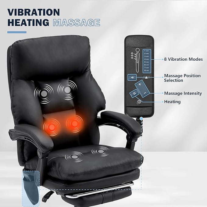 HOMREST Ergonomic Office Chair with 6-Point Massage & Heating,Adjustable Executive Desk Chairs,Retractable Footrest,Dual-Layer Soft Cushion,PU Leather Black