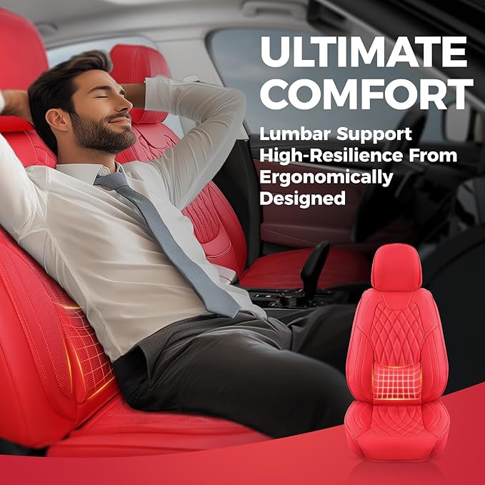 FREESOO Red Car Seat Covers Full Set - Faux Nappa Leather Seat Covers for Cars, Ultra Breathable Waterproof Front Seats Protector with Lumbar Support, Universal Fit for Automotive Sedan SUVs Pickups