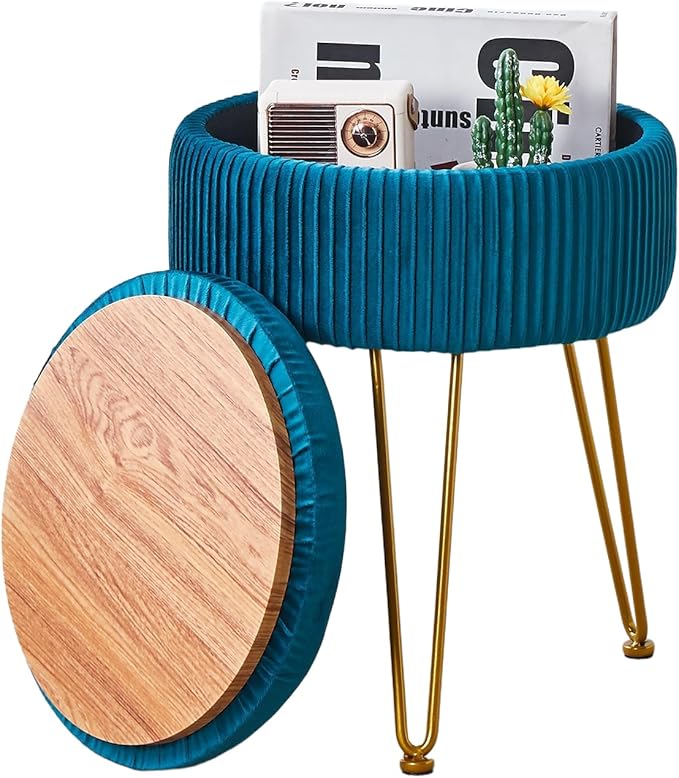 Cpintltr Velvet Foot Rest Stool Multipurpose Dressing Stools Upholstered Round Storage Ottoman Modern Soft Vanity Chair with Memory Foam Seat Teal