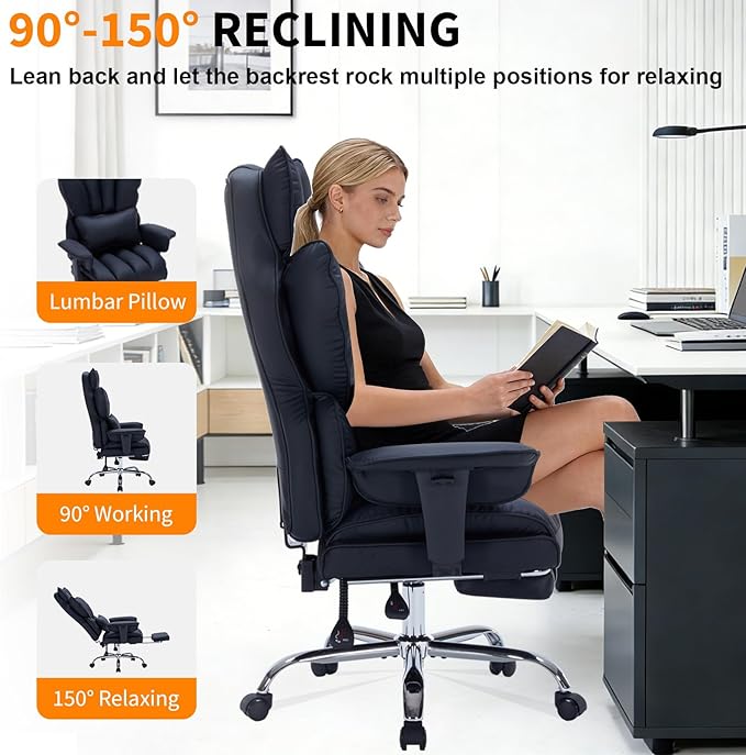 Garvee Big and Tall Office Chair, Executive Leather Office Chair with Footrest, 400lbs Ergonomic Gaming Chair for Adults, Wide Seat Computer Desk Chair with Lumbar Support, 150 Degree Reclining, Black