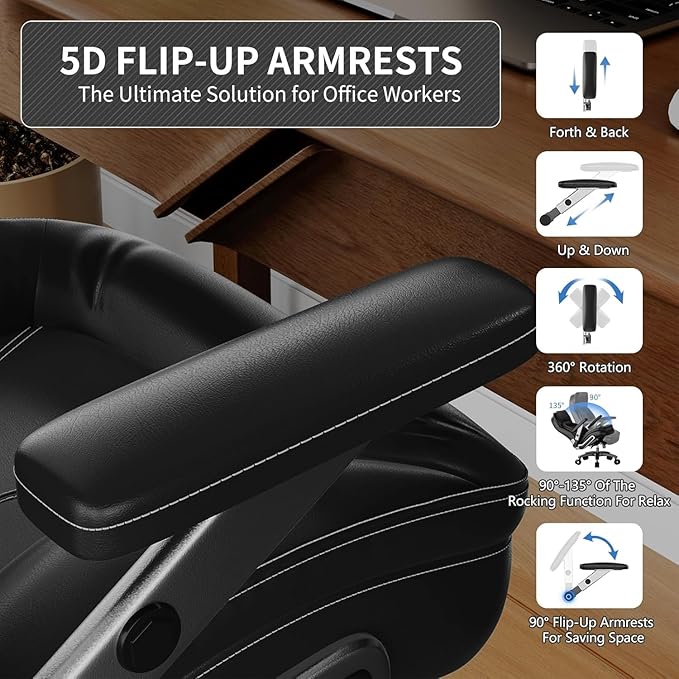 Big and Tall Office Chair, 600lbs Heavy Duty Desk Chair with 5D Arms, Adjustable Lumbar Support & Height, Tilt Function, PU Leather High Back Ergonomic Executive Computer Chair