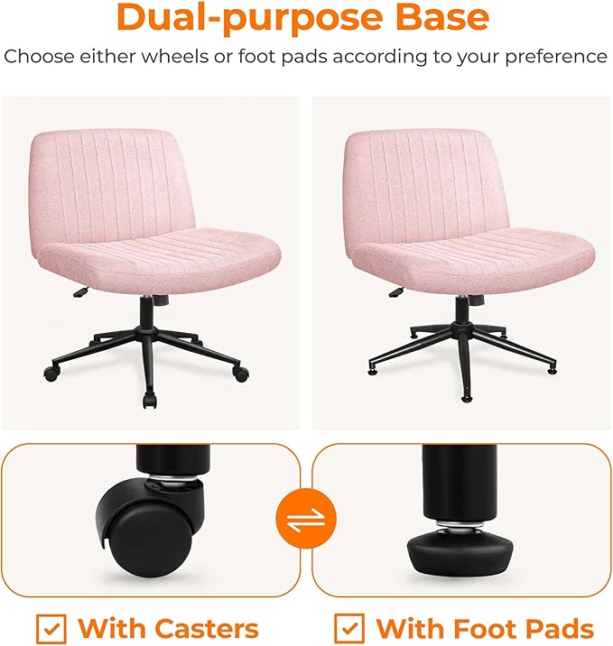 NEO CHAIR Criss Cross Chair with Wheels Armless Cross Legged Office Desk Wide Comfy Vanity Makeup Chair Adjustable Swivel Rolling Computer for Home Office Fabric (Pink)