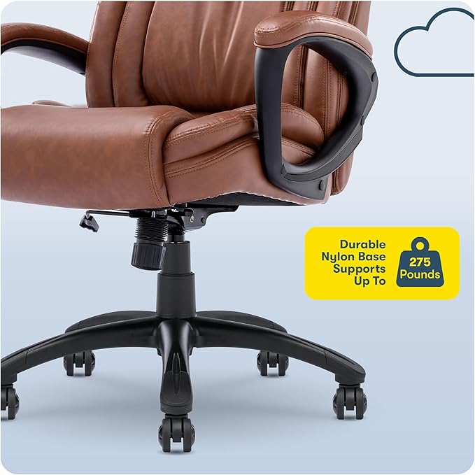 Serta Garret Executive Office Chair, Ergonomic Mid-Back with Lumbar Support, Semi-Plush Cushion and Body Pillows, Padded Armrests, Swivel Base, Bonded Leather, Cognac