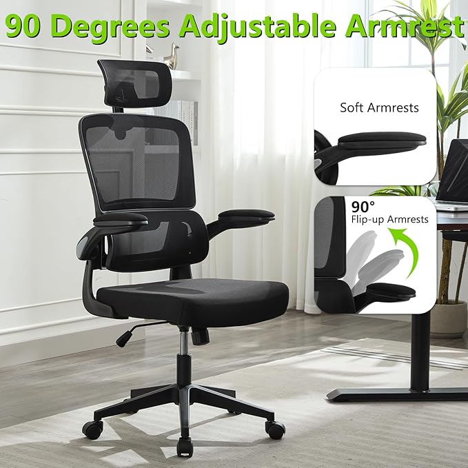 Redragon Ergonomic Office Chair, High Mesh Back Home Desk Chair with Adjustable Headrest, Flip-Up Arms, 90-120° Tilt Rocking and Wide Cushion, Big and Tall Chairs for Man Woman, Black