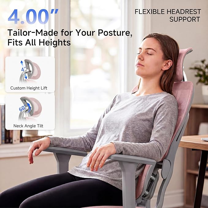 Ergonomic Office Chair with Footrest, 4D Armrests & Dynamic Lumbar Support, High Back Mesh Desk Chair with Adjustable Headrest, Reclining Computer Chair 380lbs for Long Hours (Pink)