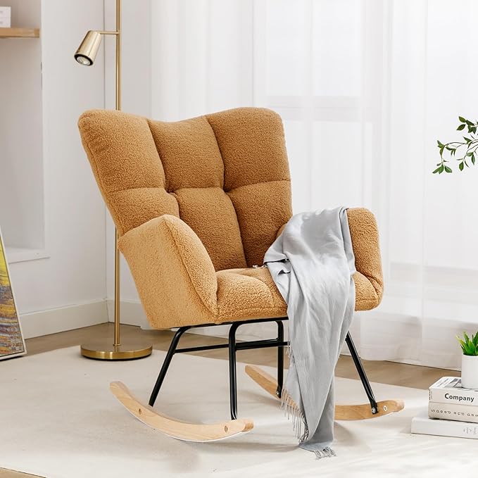 FOXHUNTER Rocking Chair Nursery Teddy Upholstered Glider Rocker High Backrest Nursery Rocker Comfortable Stylish Accent Armchair for Living Rooms Bedrooms Offices (Teddy Kahaki)