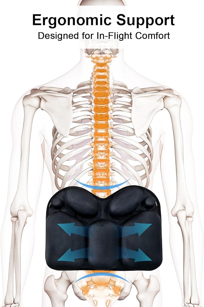 Lumbar Pillow with Air Pump, Travel Inflatable Pillow for Lumbar and Lower Back Pain Relief, Essential Lumbar Support Pillow for Airplane Travel, Car, Office Chair (Black)
