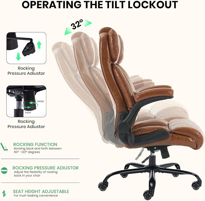 500lbs Big and Tall Office Chair Adjustable Lumbar Support for Back Pain, Extra Wide Seat Executive Office Chair Thick Armrest Pad, Heavy Duty Base&Upgraded Wheels, Ergonomic Comfy Computer Desk Chair