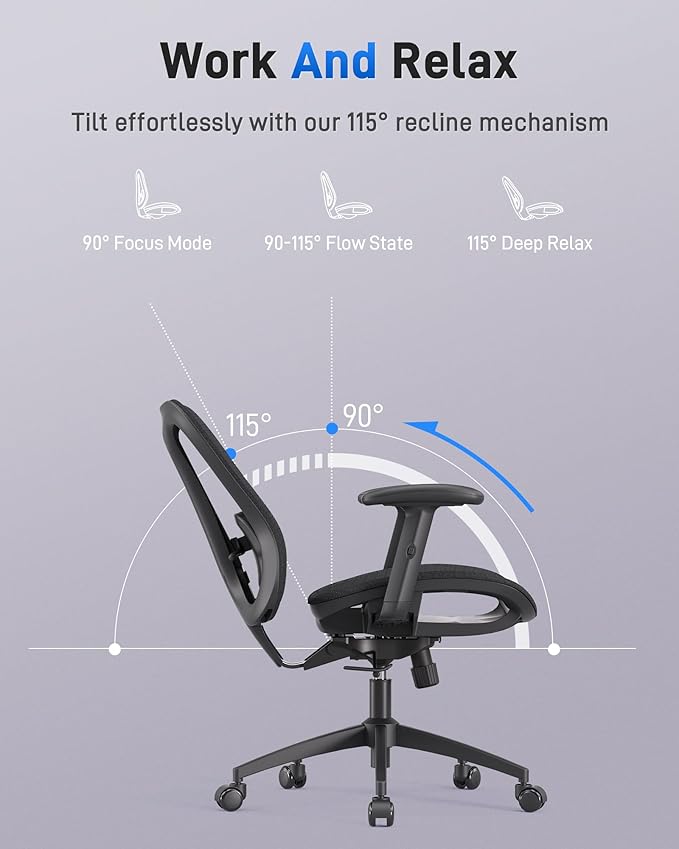 amseatec Ergonomic Office Desk Chair, Comfortable Computer Gaming Chair, Breathable Mesh Back & Seat, Adjustable Armrest, Lumbar Support, Butterfly Design for Home Office (Black)