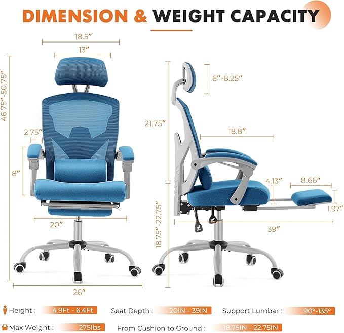 Simple Deluxe Home Office Desk Chair with Footrest, High-Back Mesh Rolling Swivel Reclining Chairs with Wheels, Comfortable Headrest, Lumbar Support, Comfy Arms