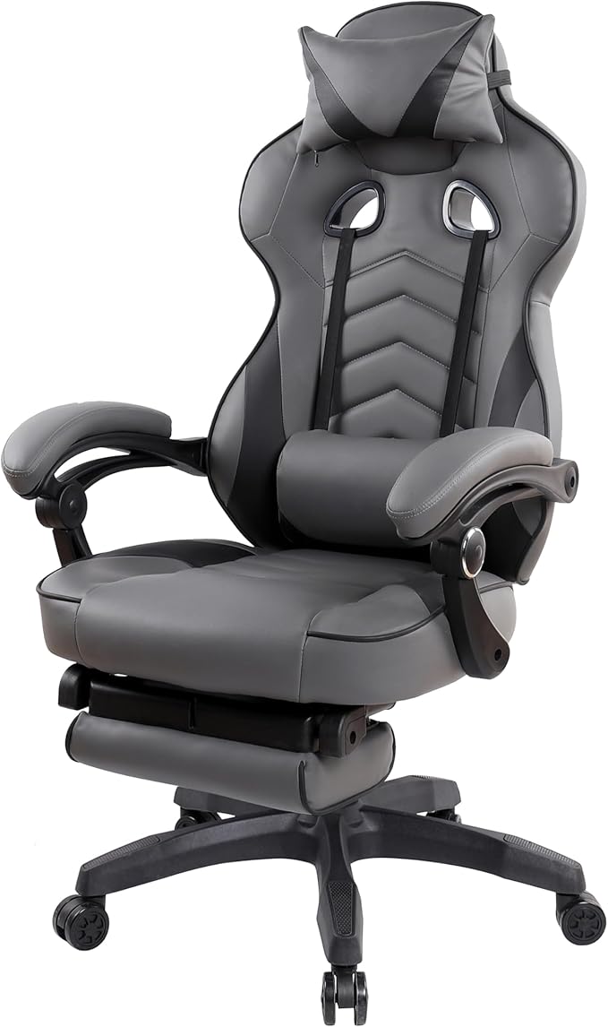 Executive Office or Gaming Chair with Footrest, Padded PU Leather Office Chair with 150-Degree Recline, Lumbar Support & Headrest Pillow, Grey