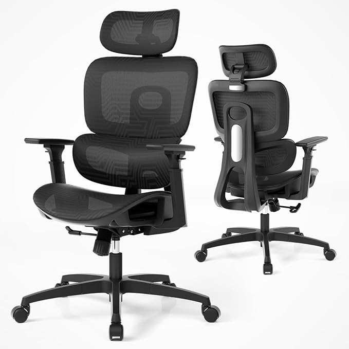 MoNiBloom Ergonomic Office Chair, High Back Mesh Desk Chair with Adjustable Headrest & 3D Armrests, Lumbar Support, 90–145° Recline, Height Adjustable Swivel Rolling Computer Chair for Office, Black