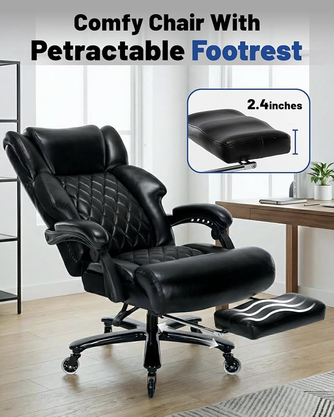 800lbs Big and Tall Office Chair, Reclining Office Chair with Foot Rest, Desk Chair for Heavy People, Large Computer Desk Chair, Heavy Duty Office Chair with Quiet Rubber Wheel and Extra Wide seat