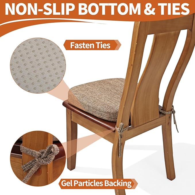 SINOSSO Thickened 2.5" Dining Chair Cushions, Soft Blended High Density Support Foam Kitchen Seat Cushions with Ties, U-Shaped Non-Slip Indoor Chair Pads, 16.5" x 16", 2 PCS, Light Brown