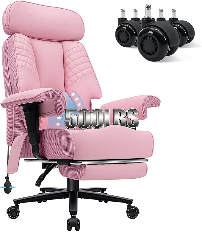 HOFFREE Big and Tall Office Chair 500lbs for Heavy People Executive Office Desk Chair with Wide Seat PU Leather Computer Chair with Adjustable Lumbar Support Pink