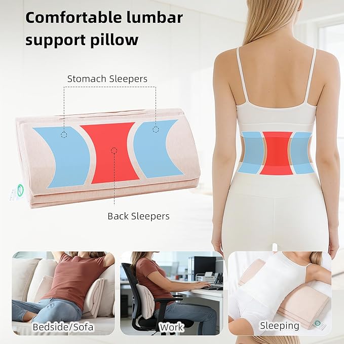 Adjustable Lumbar Support Pillow for Bed, Back Sleeping Cushion with Removable Height Layer & Dual-Firmness Inserts for Lower Back Pain Relief, Spinal Alignment & All-Night Comfort