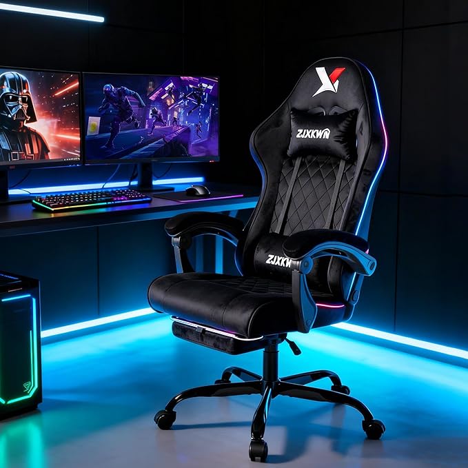 Velvet Gaming Chair, Ergonomic High Back Racing Chair with Footrest, Spring Wide Cushion, Adjustable Headrest & Lumbar Support, 90-135° Recline, 360° Swivel, 300lbs for Home Office, Black